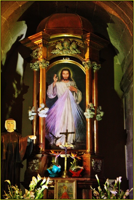 a painting in a cathedral showing jesus holding the cross