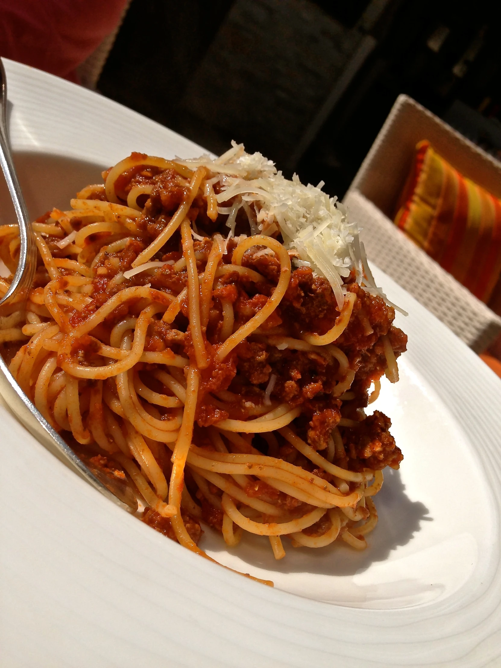 closeup of fork resting on pasta with meat sauce