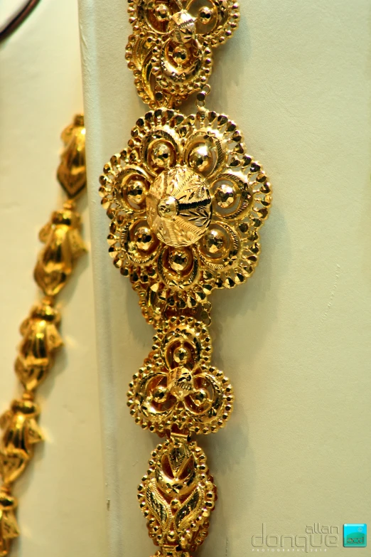 a fancy gold jewelry displayed on a wall
