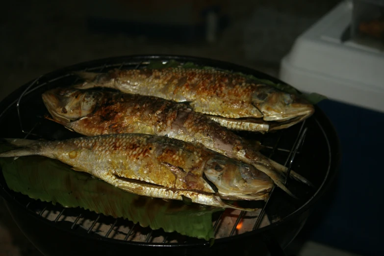 three fish are cooking on the grill in an outdoor kitchen