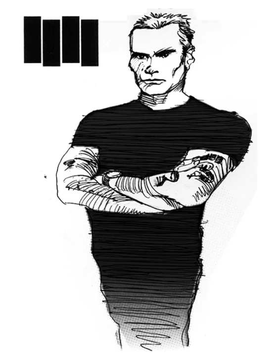 the character with his arms crossed and an expression in black ink