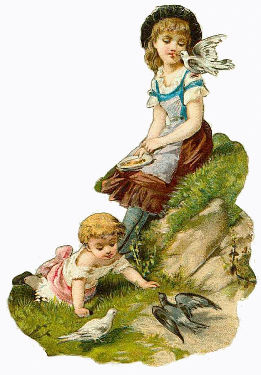 an illustration of a girl and a girl are feeding birds