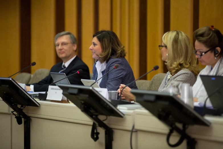 three people in a conference room during a panel