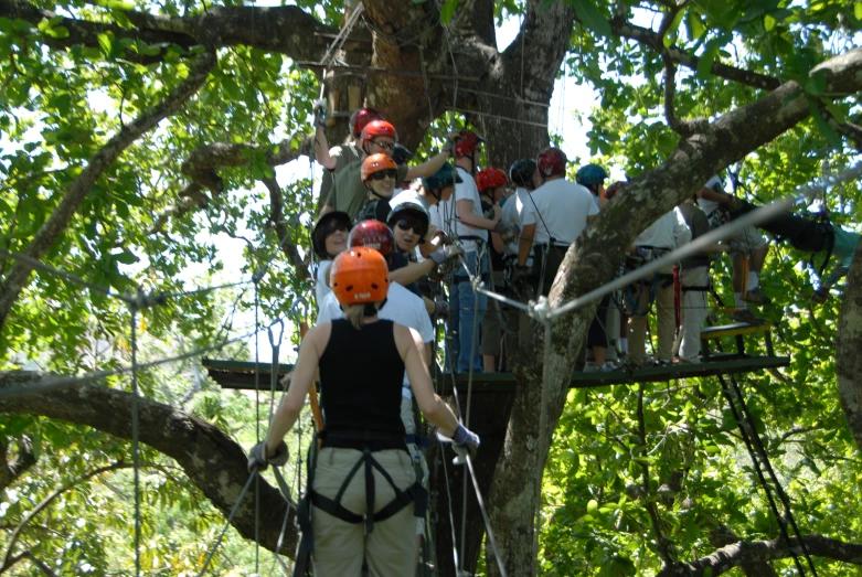 a group of people walking up a rope