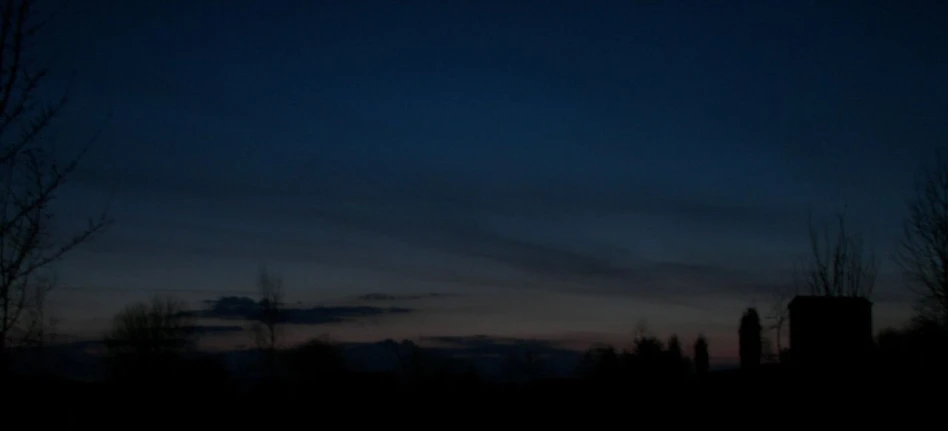 the silhouette of trees on a dark and cloudy night