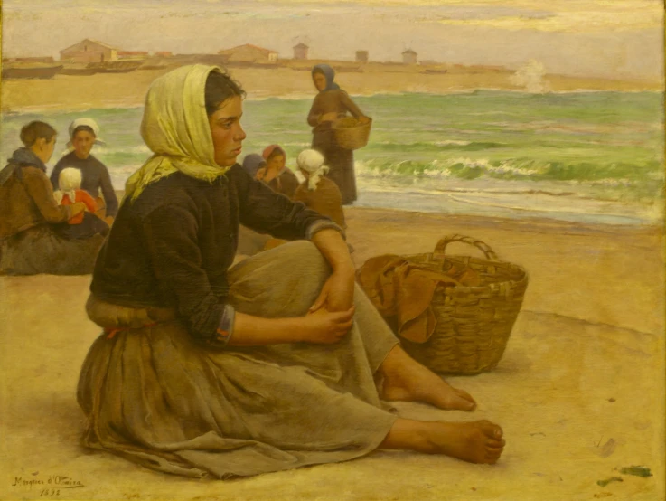 a painting of a woman sitting on a beach with other people