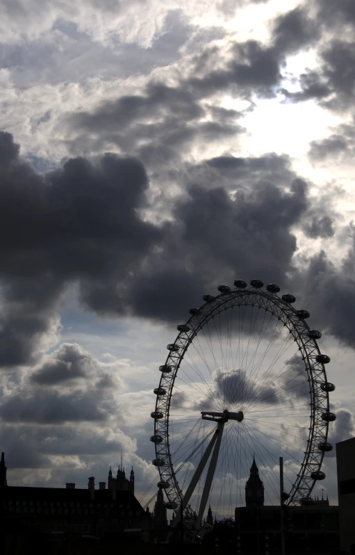 a big wheel is under a very cloudy sky