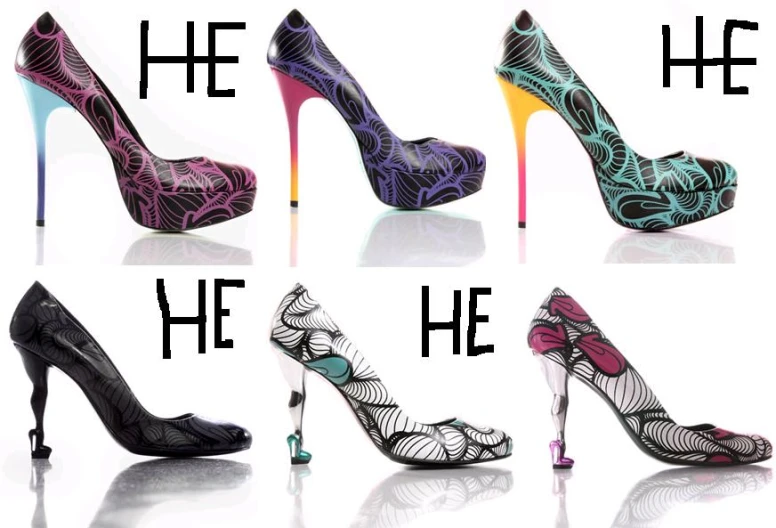 six different colored heels that are in different positions