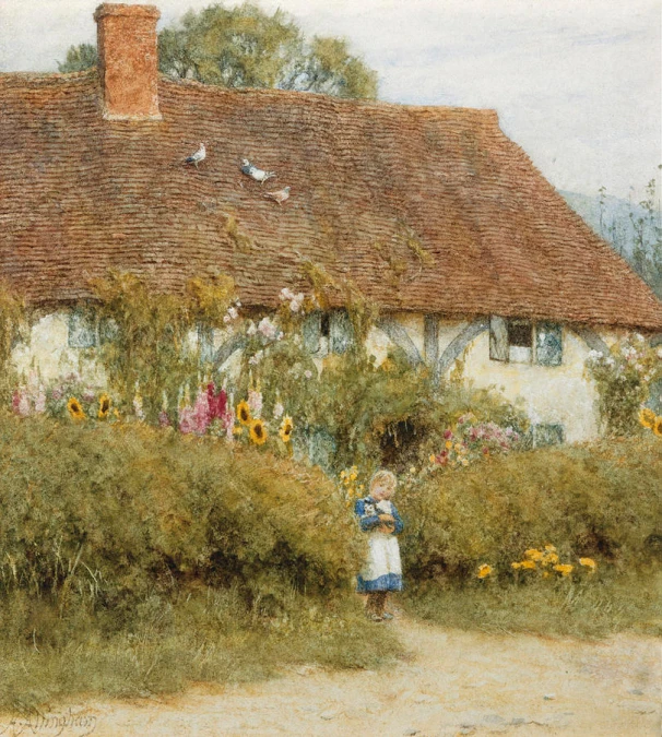 a painting of two children in front of a house