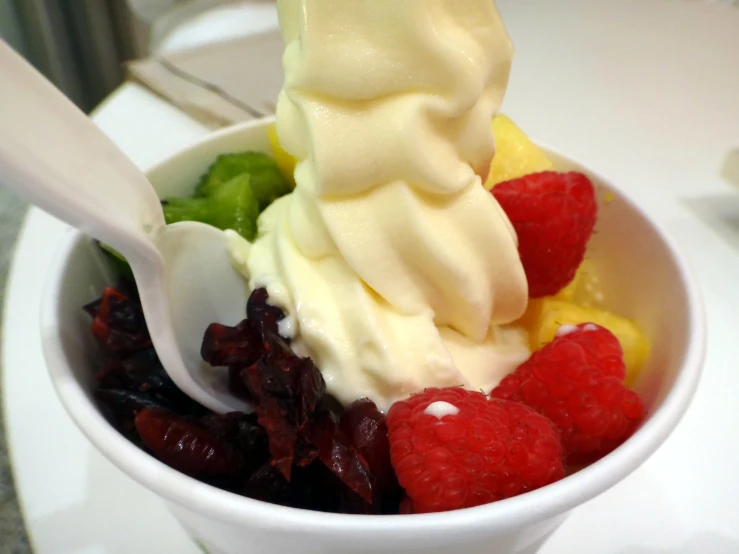 the bowl is full of many different toppings and berries