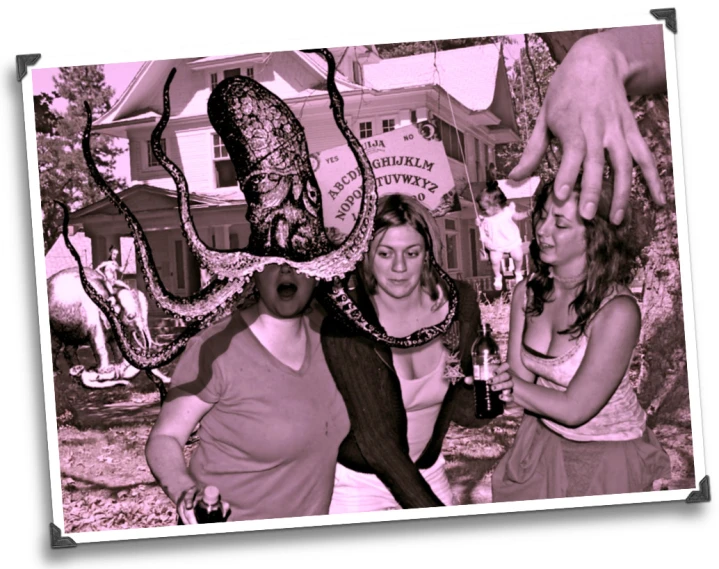 a vintage pograph shows two women dancing in a parade