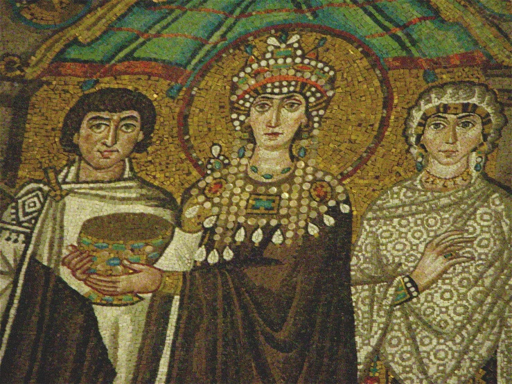 mosaic depicting four people, including a lady in green and white, and a man in black