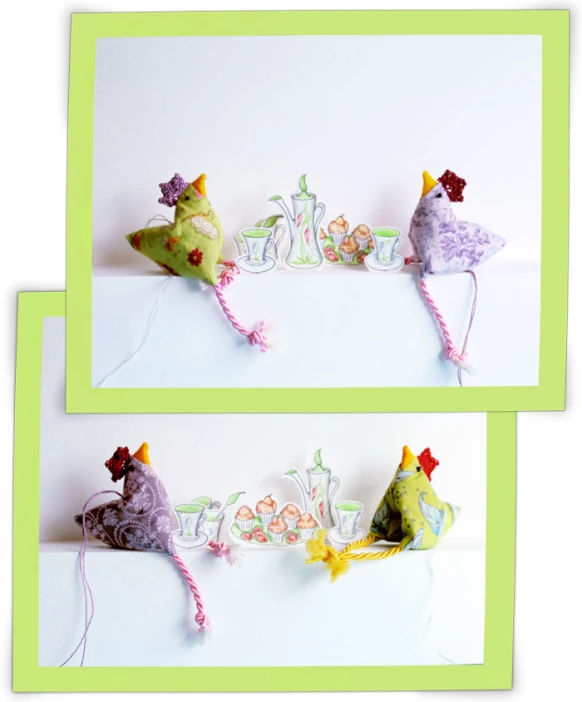 two greeting cards with small birds with crocheted accents