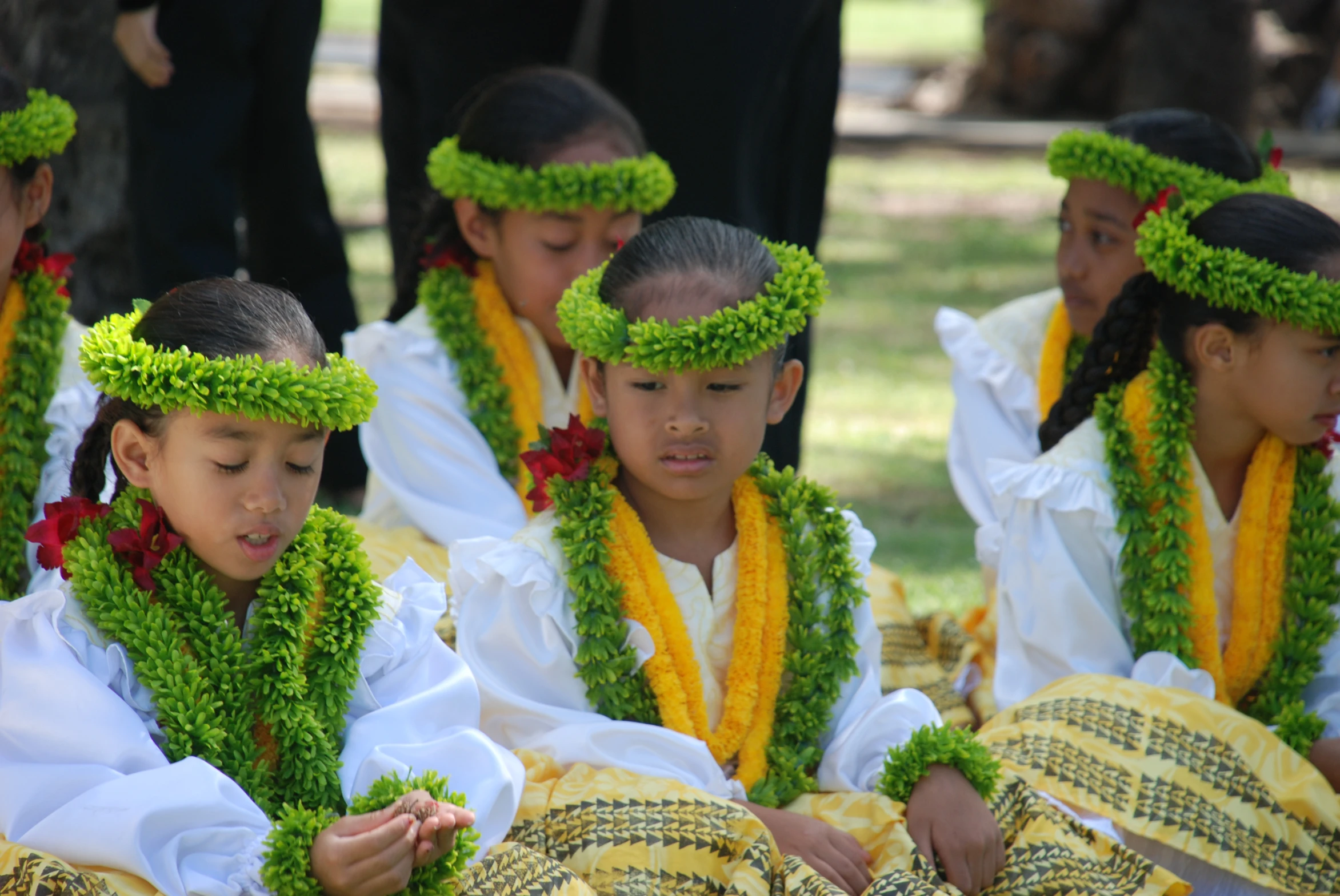 group of children wearing wreaths with flowers on their heads