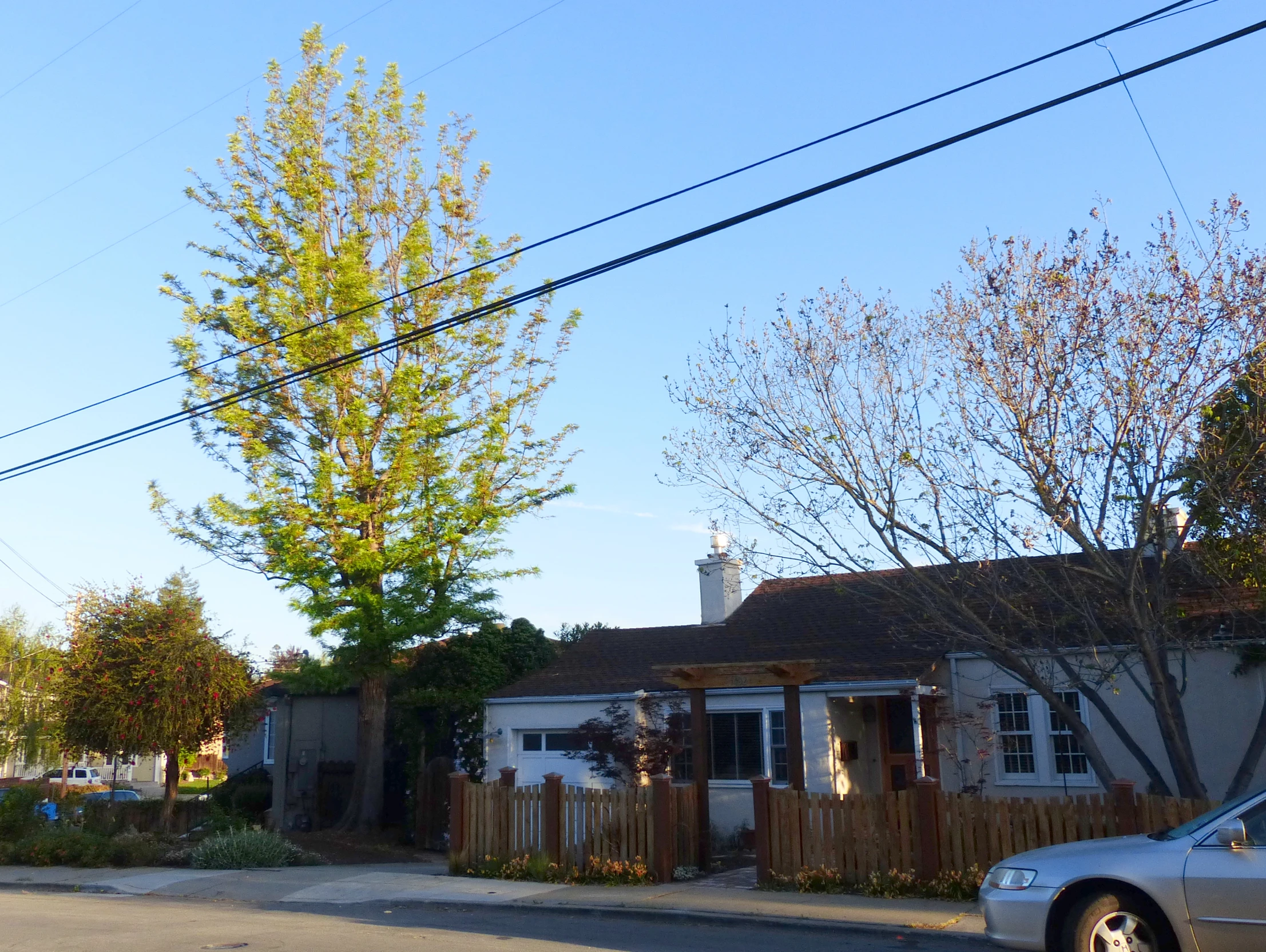 a house with a clock on the outside and trees in front