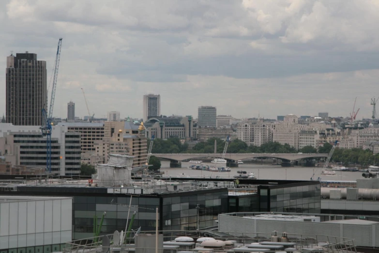 city skyline with tall buildings in the background and traffic lights