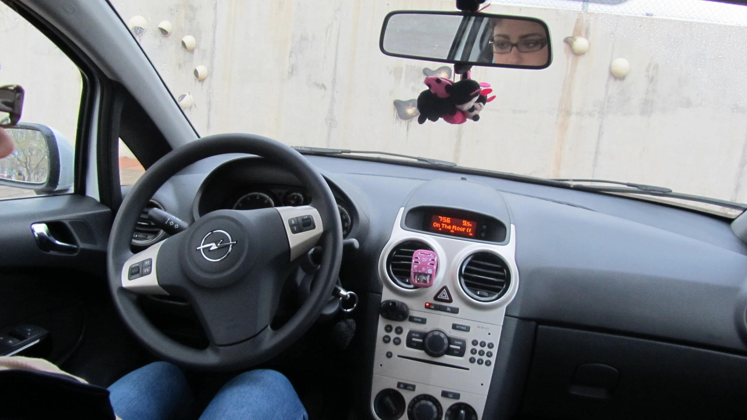 a car driving past a building with a dog sitting in the passenger seat