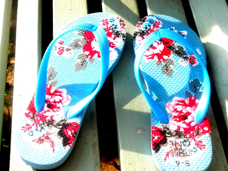a pair of blue flip flops with red floral flowers