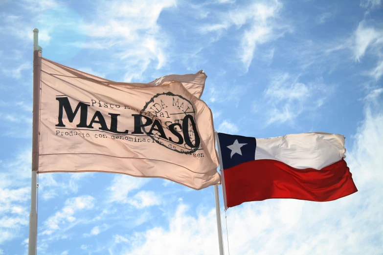 two flags with the emblem of mal pass against a blue sky