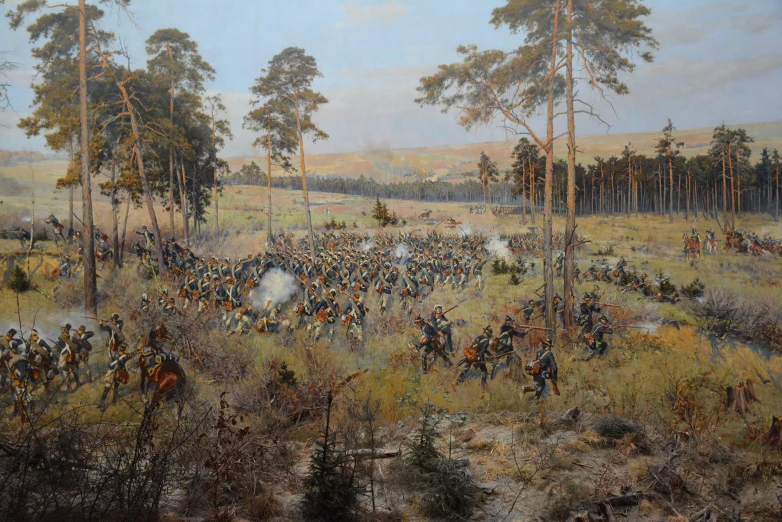 a painting depicting the battle in the woods