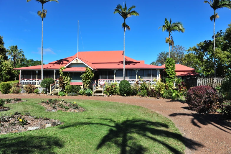 an outside view of some houses and some palm trees