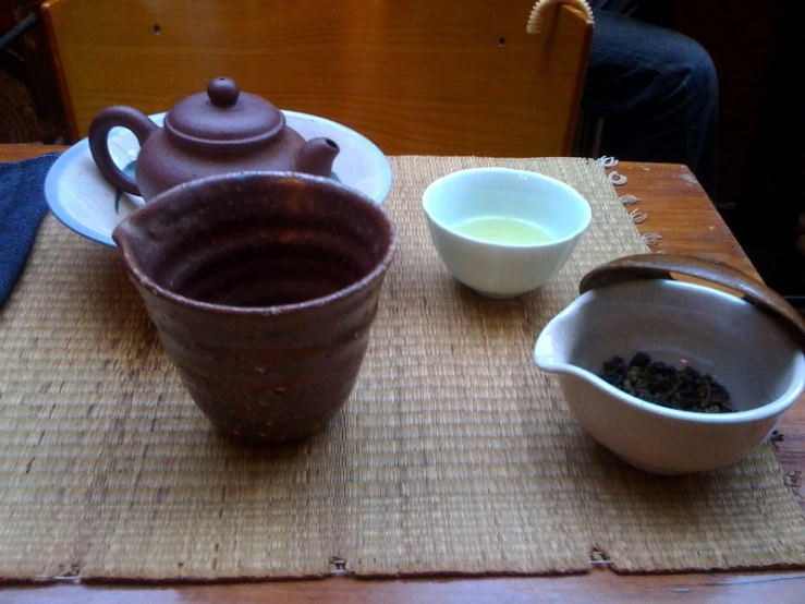 tea and coffee on a woven placemat