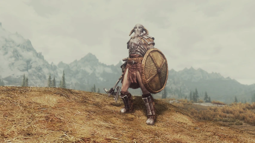 a warrior is in full armor with a spear and shield on the ground