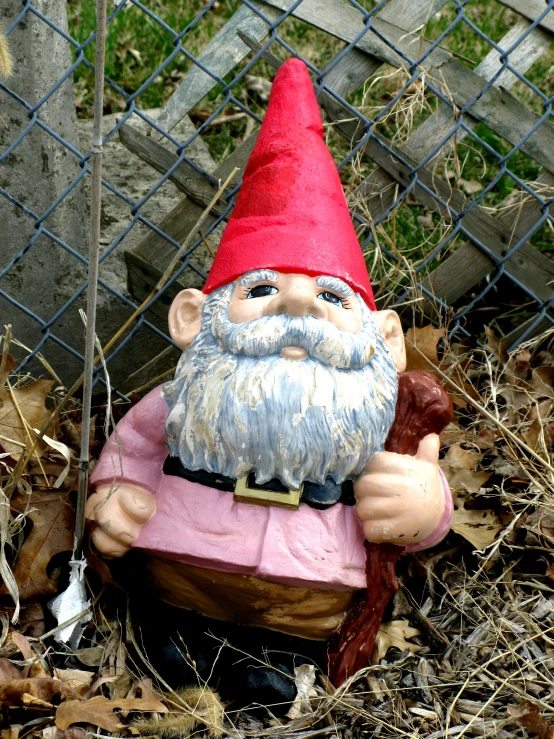 a gnome statue sitting in a garden