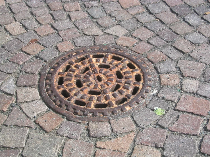 a manhole cover is sitting on a brick surface