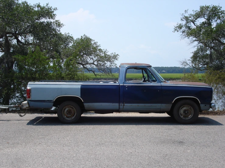 the truck is parked beside some trees outside