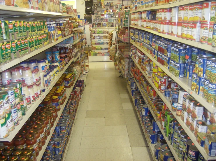 the aisle in a grocery store filled with canned food