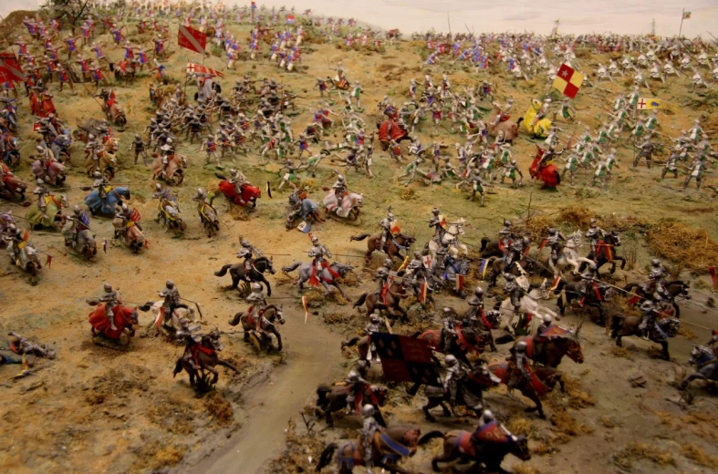 a painting of men on horseback in the plains with flags