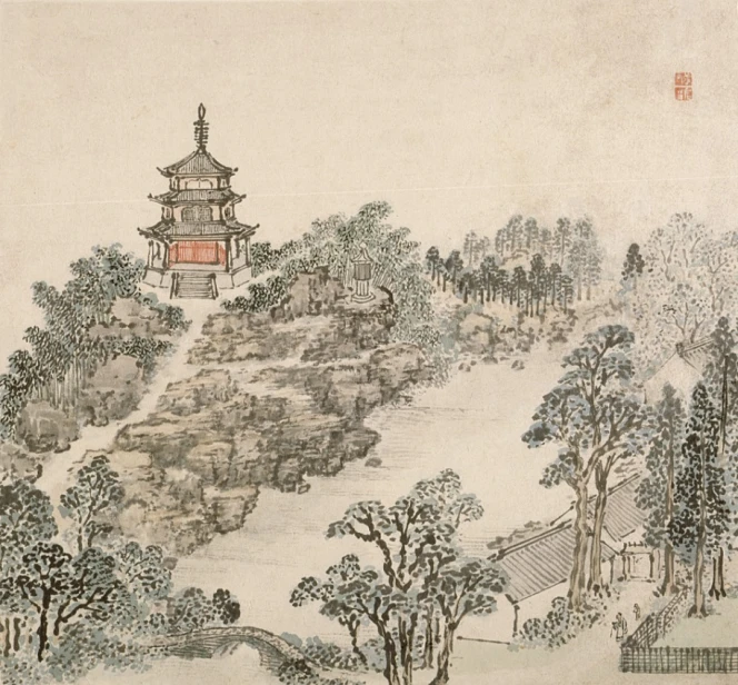 an oriental scene with a pagoda surrounded by trees