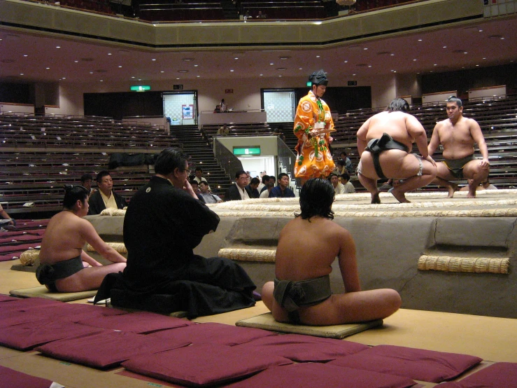 several sumo wrestlers and others sit in separate sections