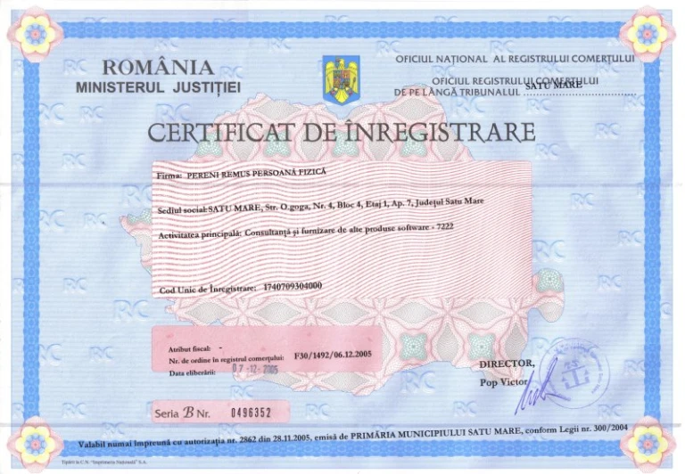 the certificate issued by romana to be used for the tourism