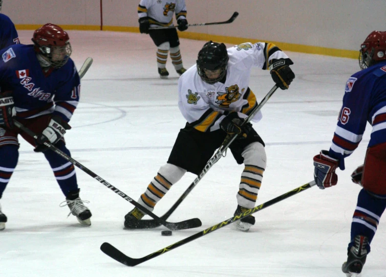 several hockey players are on the ice trying to get the puck