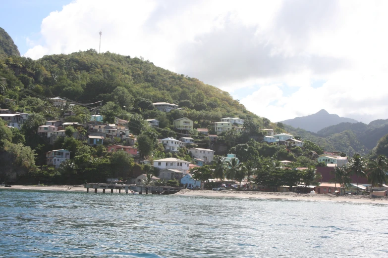 a coastal village on a tropical island surrounded by greenery