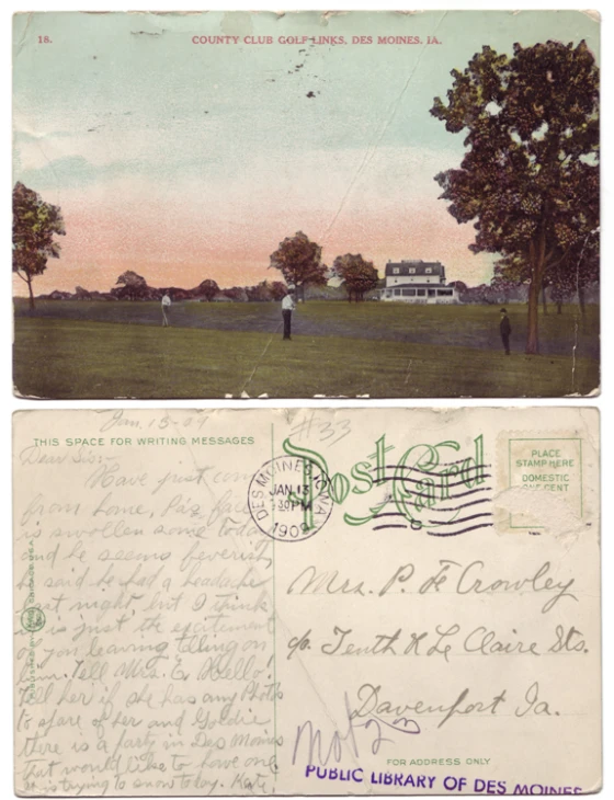 two old letters from a postcard with people standing on it