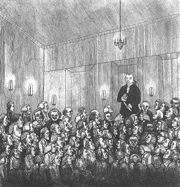 an illustration of a man with his arms crossed stands in front of a crowd