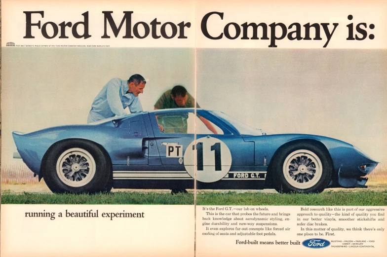 vintage ford ad, featuring two racing cars