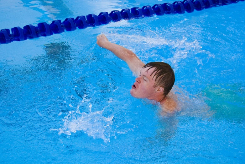 a man swimming in a pool with  on