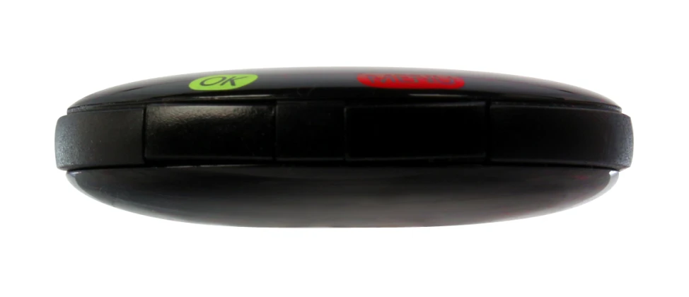 a black device has some green and red letters