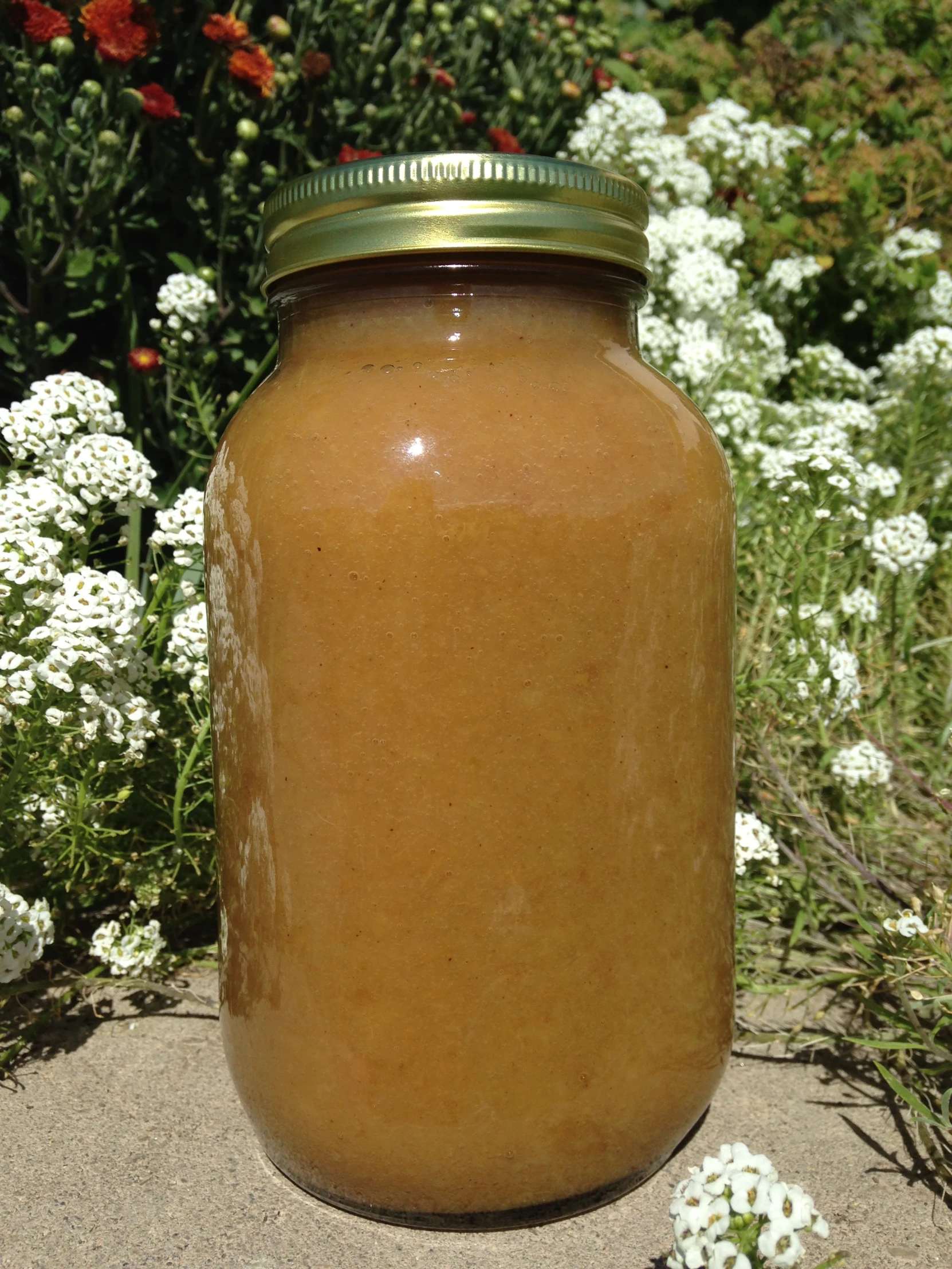 a jar filled with peanut er sits on a rock near flowers