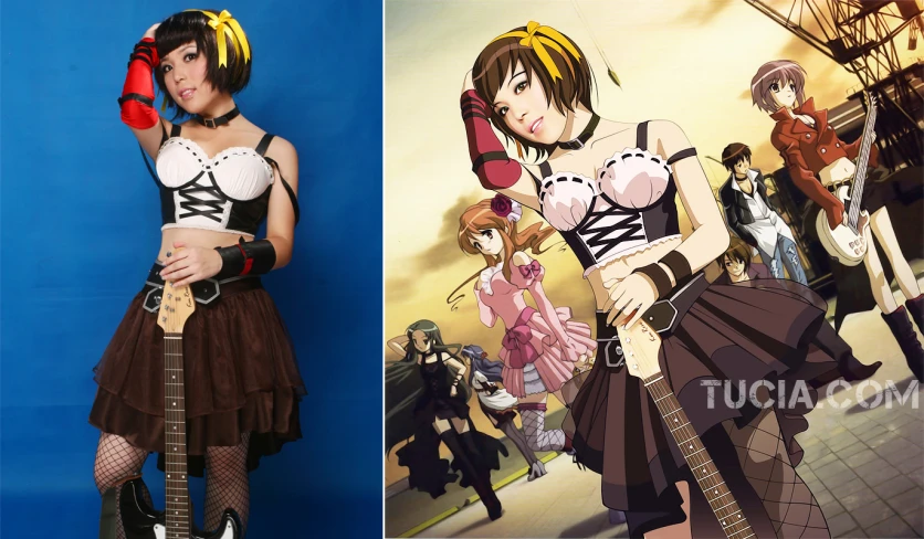 the two pictures are of female and male characters in different outfits