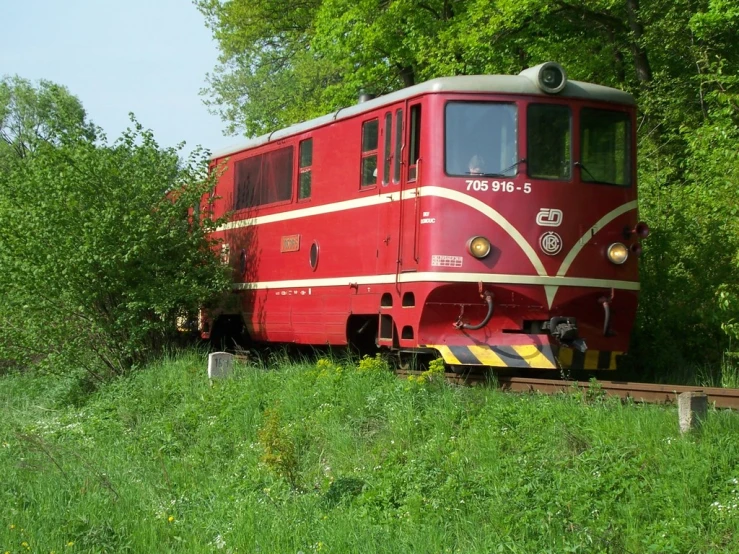 a red train engine sitting on the tracks in the forest
