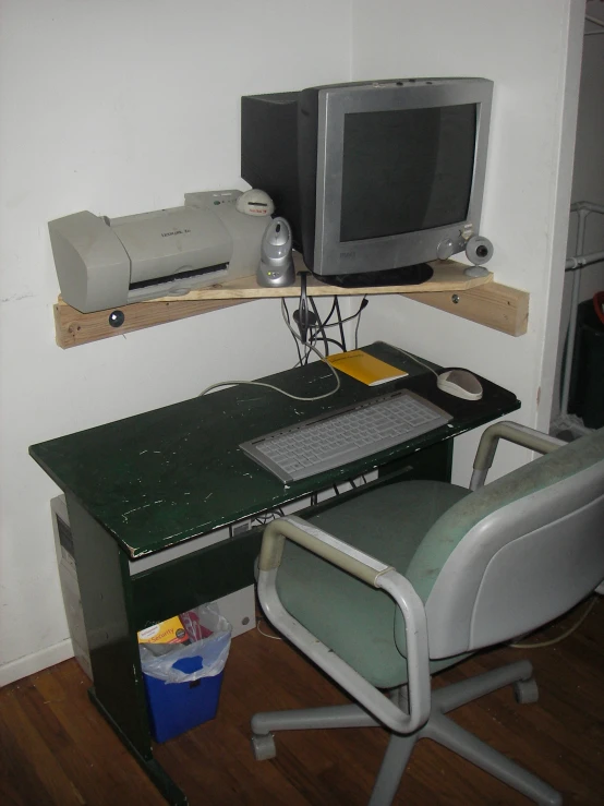 there is an old computer and an old printer sitting on the desk