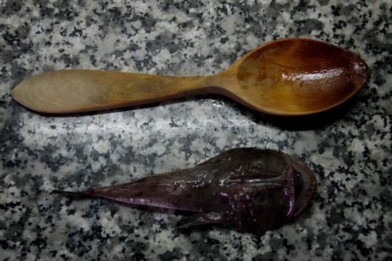 a wooden spoon and chocolate sitting on a marble surface