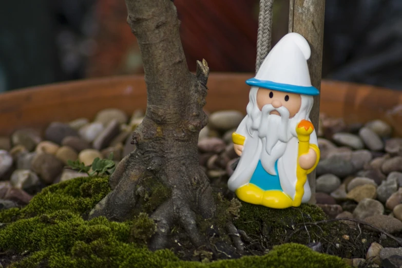 a gnome sitting on top of a garden of rocks near a tree