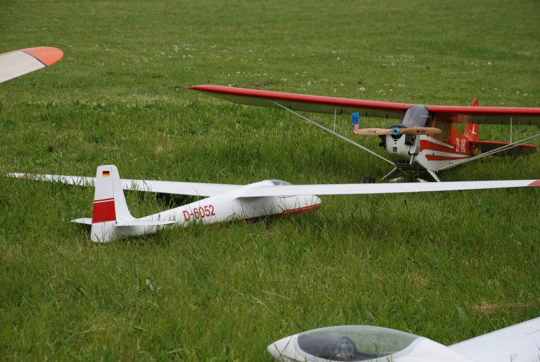 there are two aircraft that are sitting in the grass