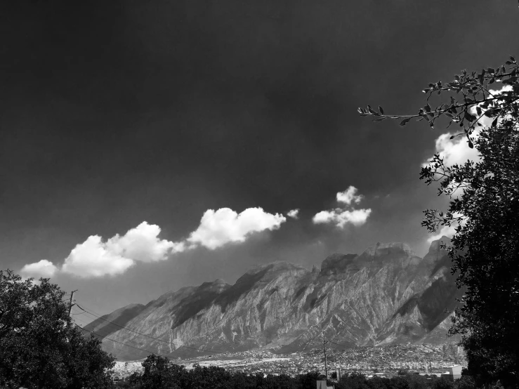 black and white pograph of mountains with clouds